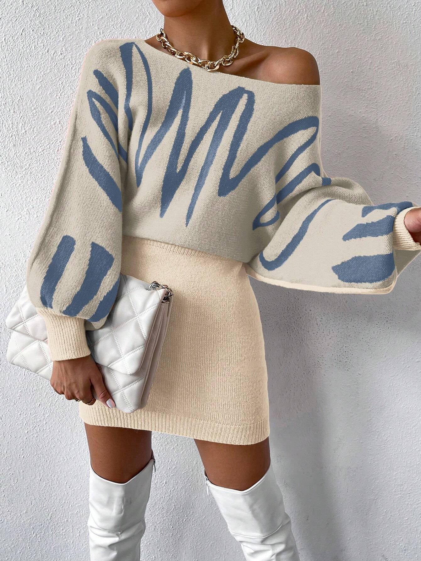 Chiquease Graphic Pattern Batwing Sleeve Sweater Dress