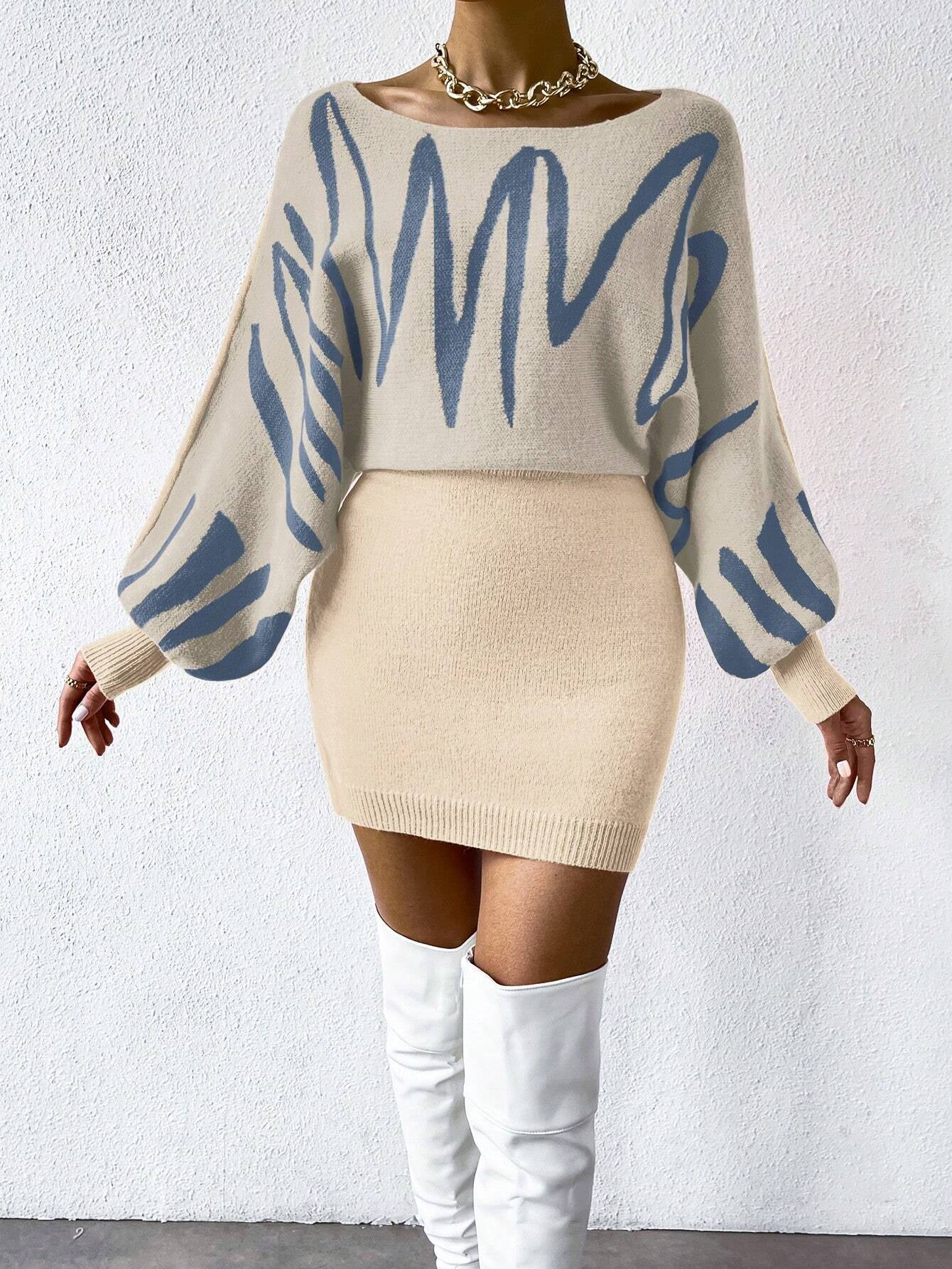 Chiquease Graphic Pattern Batwing Sleeve Sweater Dress