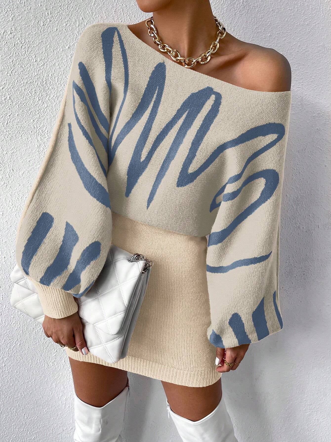 Chiquease Graphic Pattern Batwing Sleeve Sweater Dress