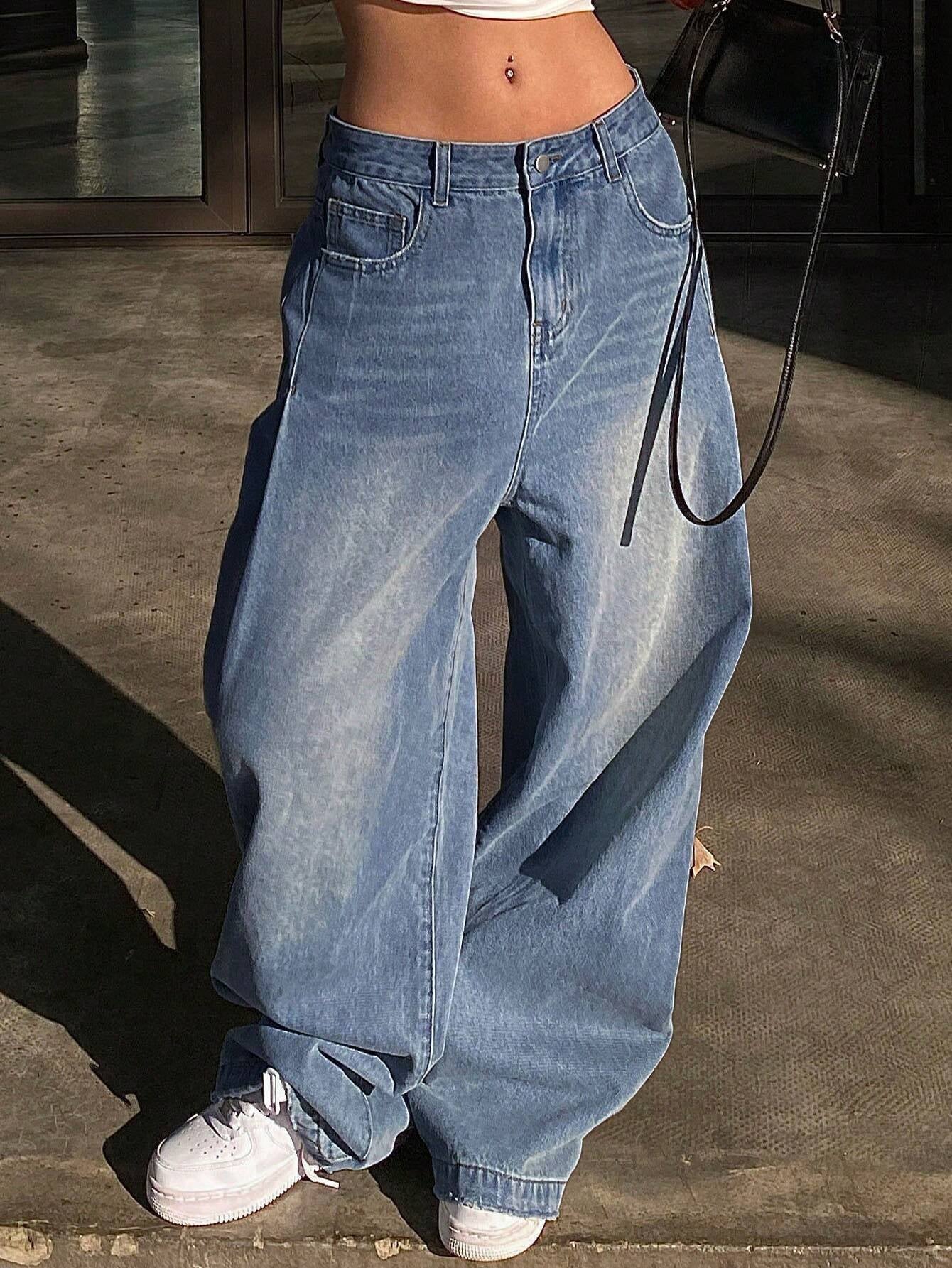 Livesso Ladies' Wide-Leg Jeans with Grinding & Distressed Details,Baggy Jeans,Back to School Clothes